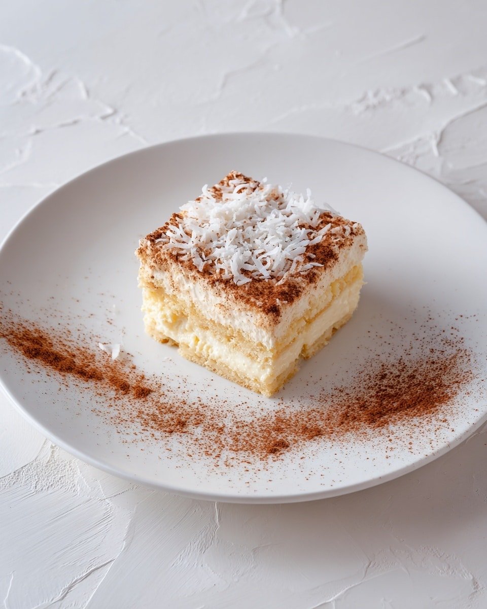 Coconut Rum (Coquito) Tiramisu Recipe - Recipe Image — Coconut Rum Tiramisu, Coquito Tiramisu, Tropical Tiramisu, Caribbean Desserts, Easy Holiday Dessert