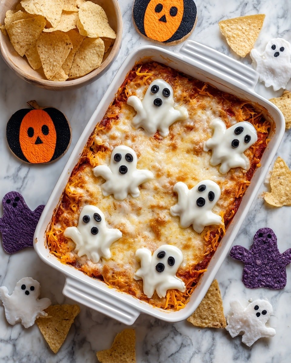 Halloween Buffalo Chicken Dip (Booffalo Dip) Recipe - Recipe Image — Halloween Buffalo Chicken Dip, Booffalo Dip, Halloween party dip, spicy buffalo chicken dip, cheesy Halloween appetizer