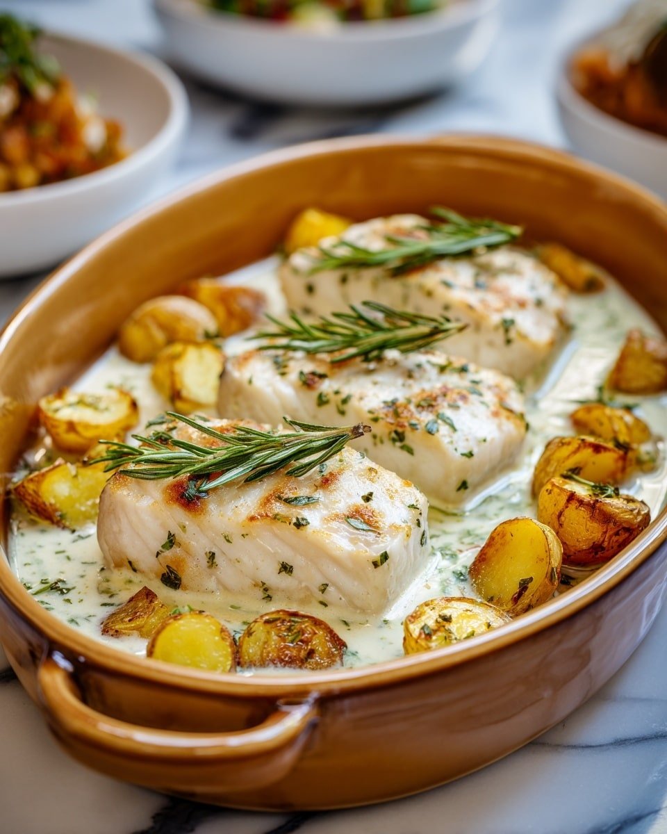 Cod and Potatoes in Rosemary Cream Sauce Recipe - Recipe Image — Cod and Potatoes in Rosemary Cream Sauce, cozy cod and potatoes in rosemary cream sauce, easy fish and potato dinner with rosemary cream, comforting seafood potato recipe, simple rosemary cream seafood dish