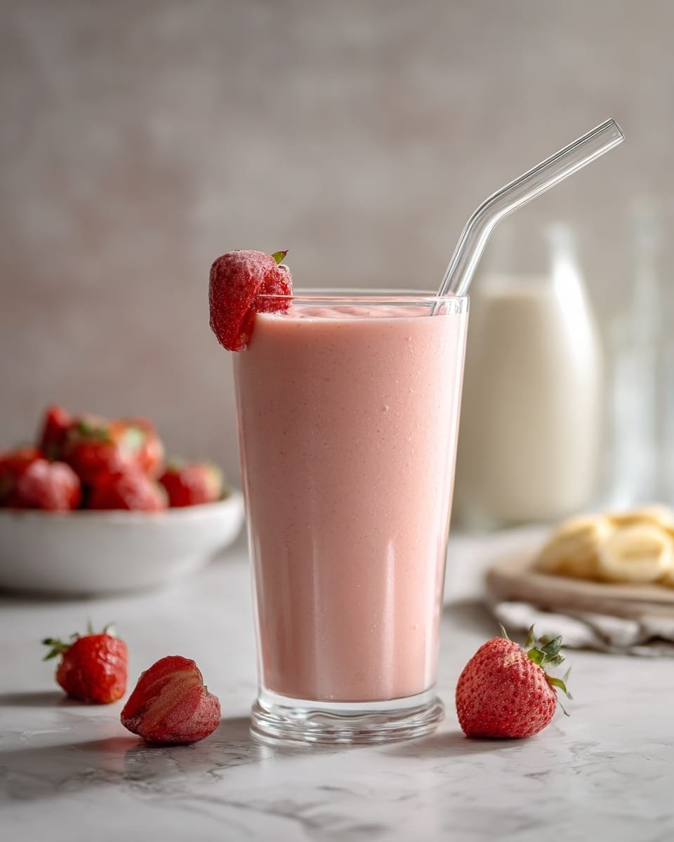 Strawberry Cottage Cheese Smoothie Recipe - Recipe Image — Strawberry Cottage Cheese Smoothie, healthy strawberry smoothie, creamy cottage cheese smoothie, quick breakfast smoothie, fruit and dairy smoothie