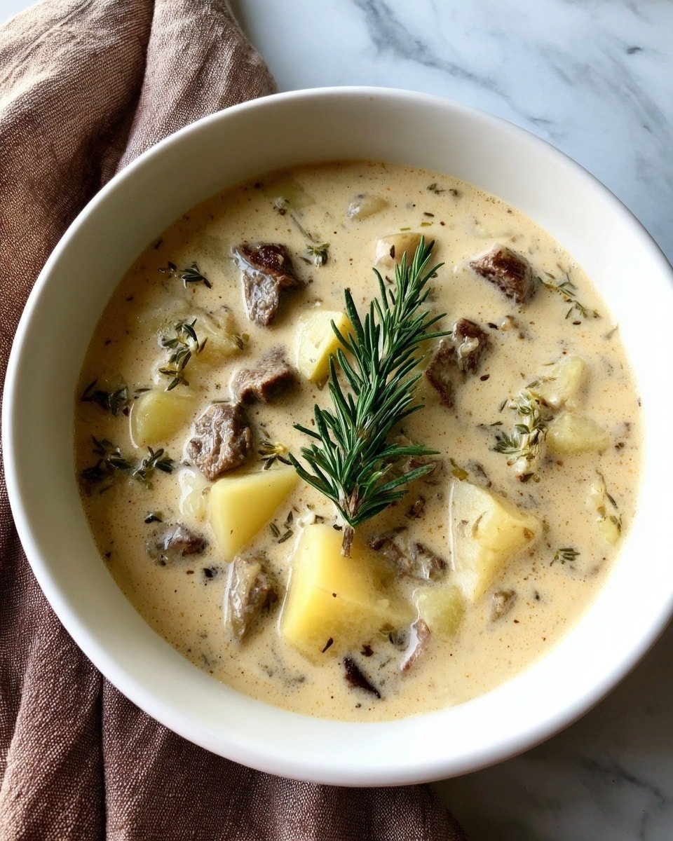 Creamy Steak & Potato Soup Recipe - Recipe Image — Creamy Steak & Potato Soup, hearty steak and potato soup, comforting creamy soup, easy steak and potato soup, cozy soup recipe