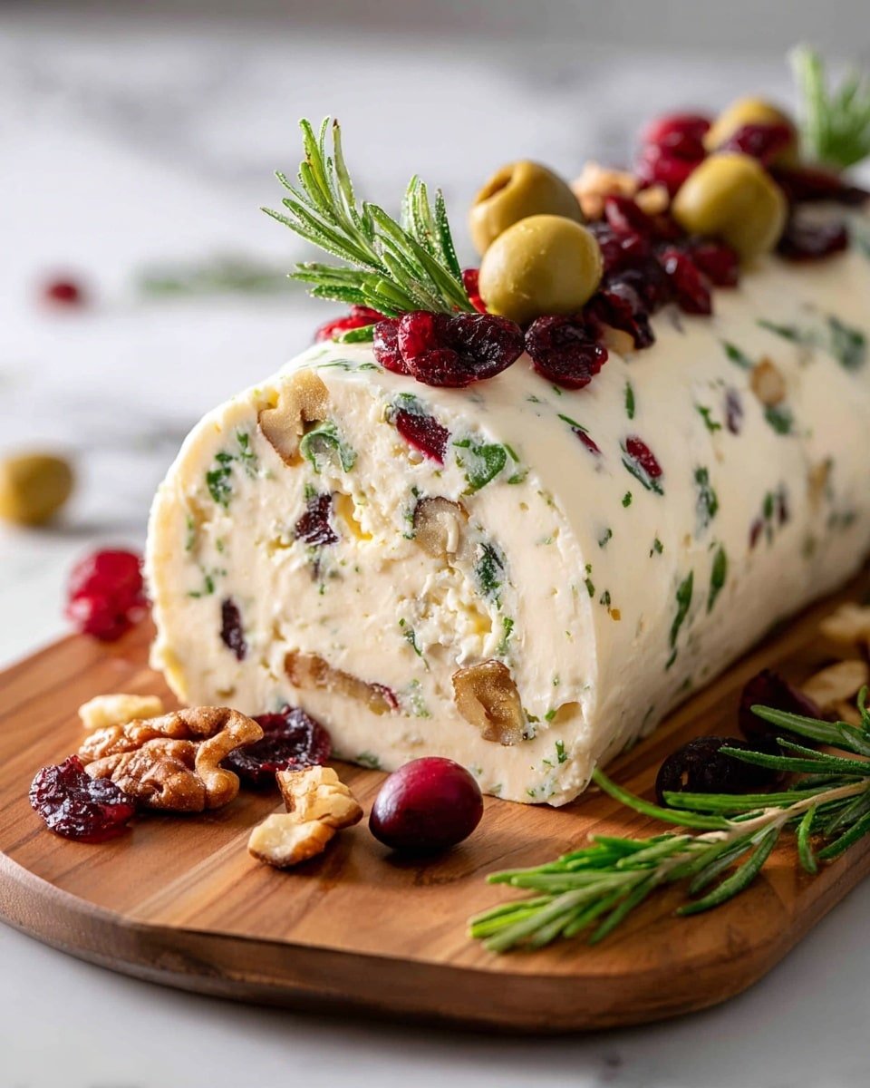 Festive Holiday Antipasto Cream Cheese Log Recipe - Recipe Image — Festive Holiday Antipasto Cream Cheese Log, holiday appetizer with cream cheese and olives, easy holiday party appetizers, festive cheese log recipe, Christmas antipasto platter