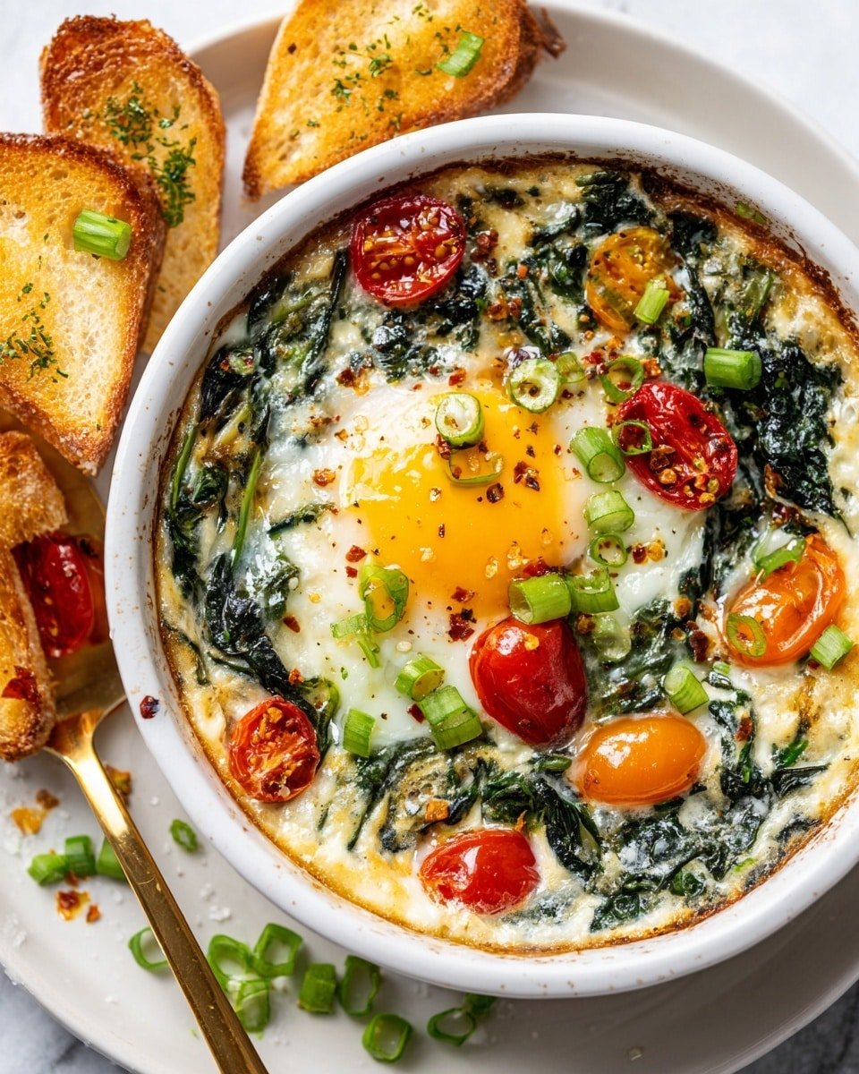 Baked Feta Eggs Recipe - Recipe Image — Baked Feta Eggs, baked eggs with feta and tomatoes, savory baked feta breakfast, easy baked eggs recipe, brunch recipes with feta and tomatoes