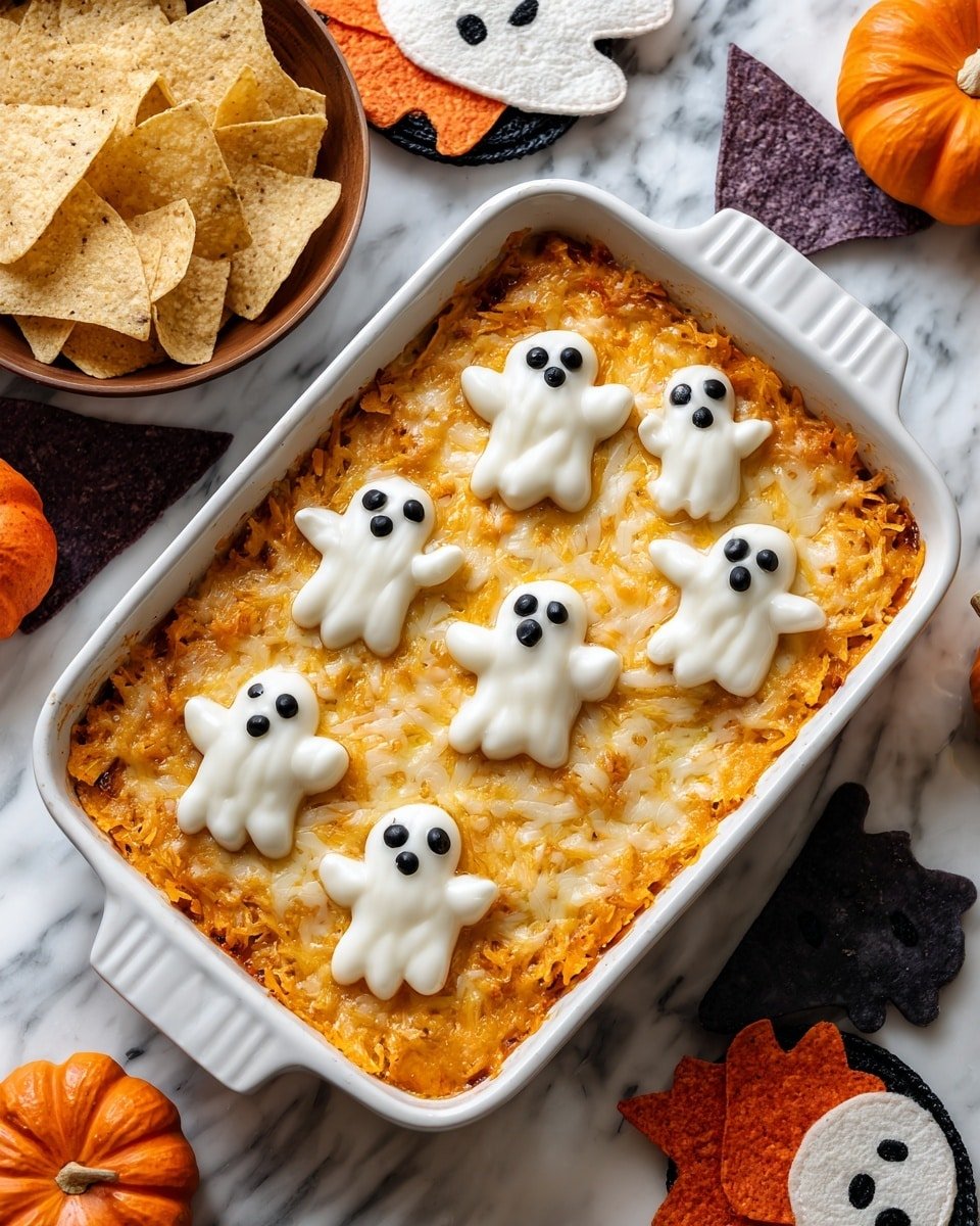 Halloween Buffalo Chicken Dip (Booffalo Dip) Recipe - Recipe Image — Halloween Buffalo Chicken Dip, Booffalo Dip, Halloween party dip, spicy buffalo chicken dip, cheesy Halloween appetizer