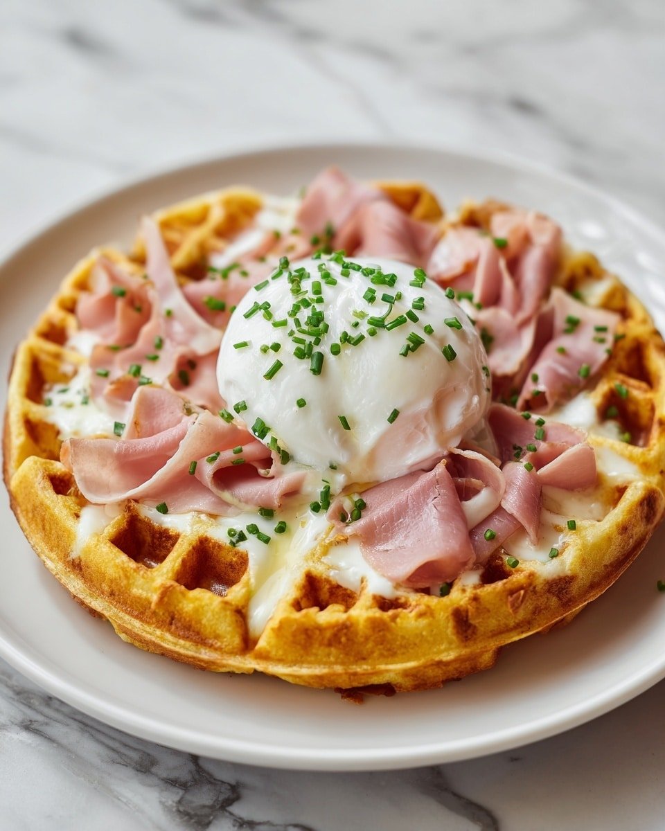 Croque Madame Waffles Recipe - Recipe Image — Croque Madame Waffles, savory waffle recipes, brunch waffles with ham and cheese, easy croque madame twist, homemade savory waffles