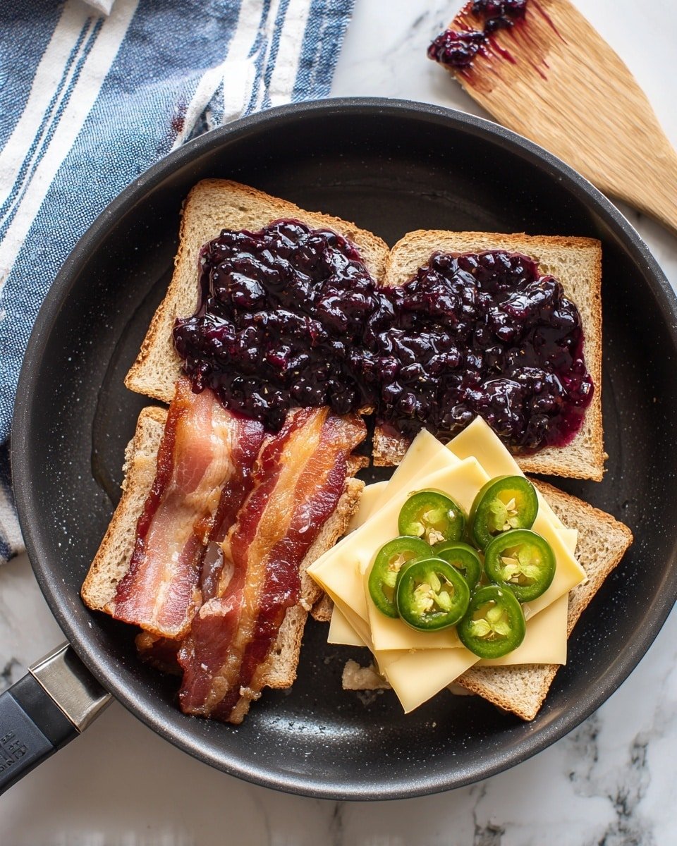 Blackberry Bacon Grilled Cheese Recipe - Recipe Image — Blackberry Bacon Grilled Cheese, blackberry jam grilled cheese, bacon and cheese sandwich, sweet and savory grilled cheese, fruity bacon grilled cheese
