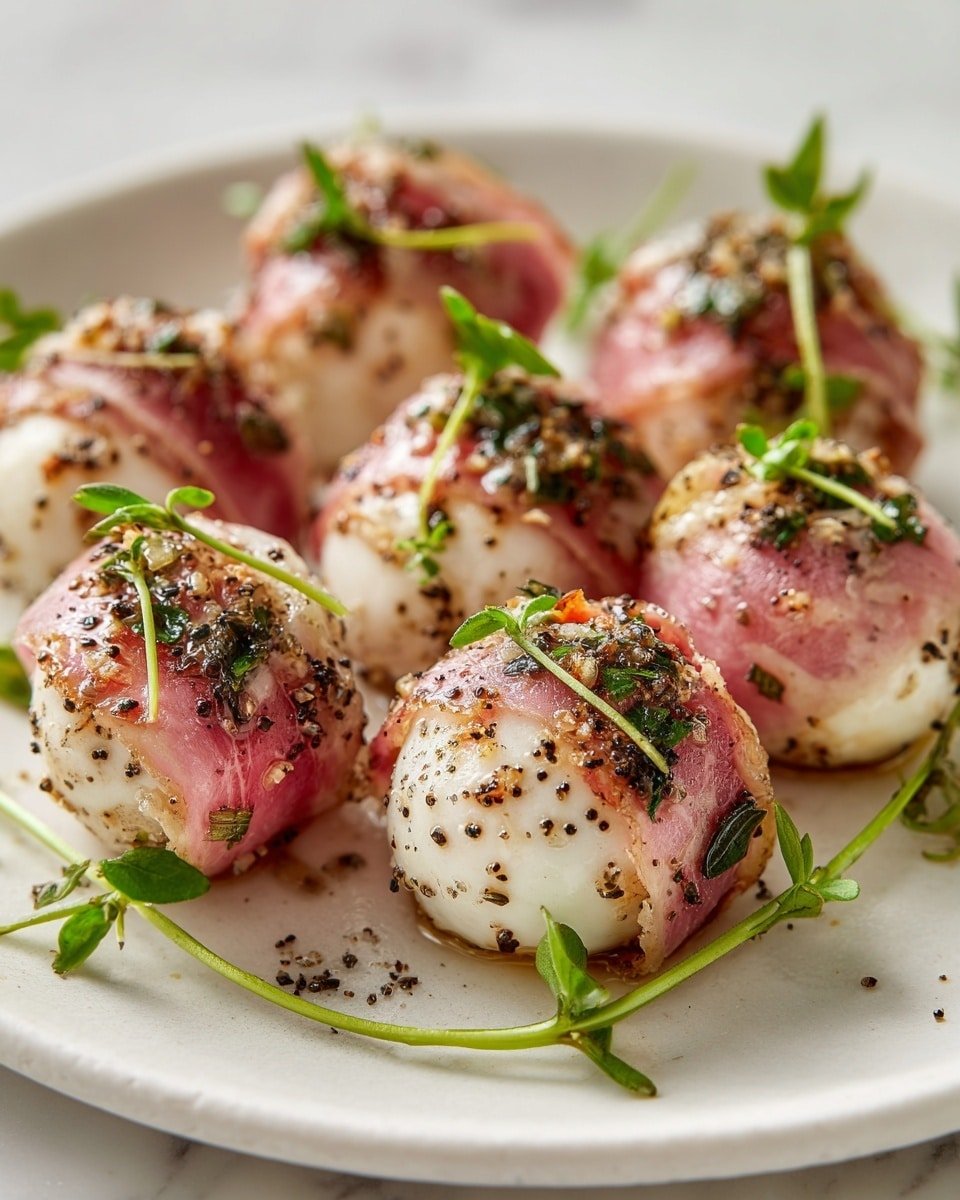 — Prosciutto Wrapped Mozzarella Bites, Prosciutto-Mozzarella Appetizer, Easy Prosciutto Snacks, Gourmet Small Bites, Cheese and Ham Hors d'Oeuvres