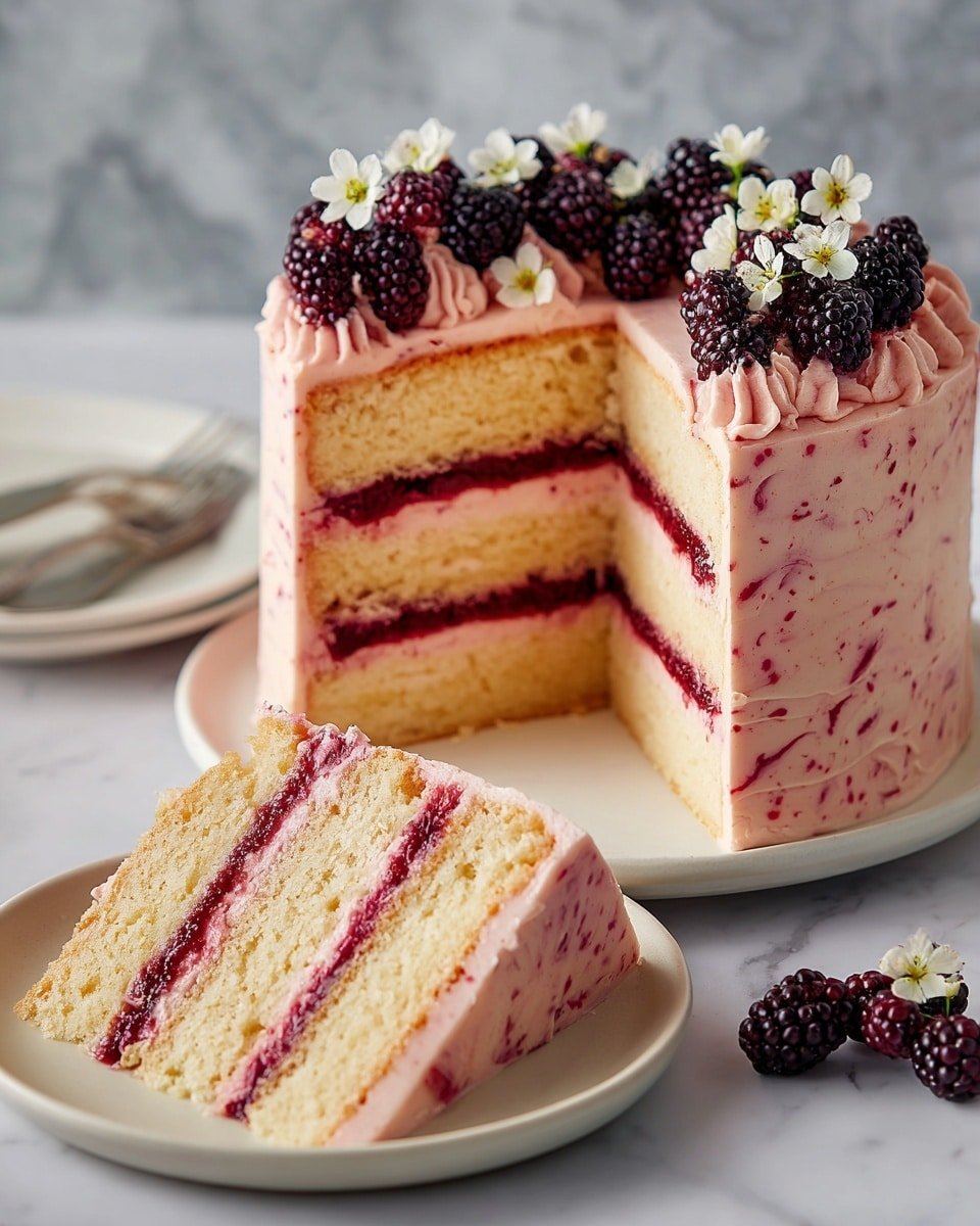 Blackberry Layer Cake Recipe - Recipe Image — Blackberry Layer Cake, homemade blackberry cake, vanilla layer cake with blackberry filling, fresh fruit cake, easy berry layered cake