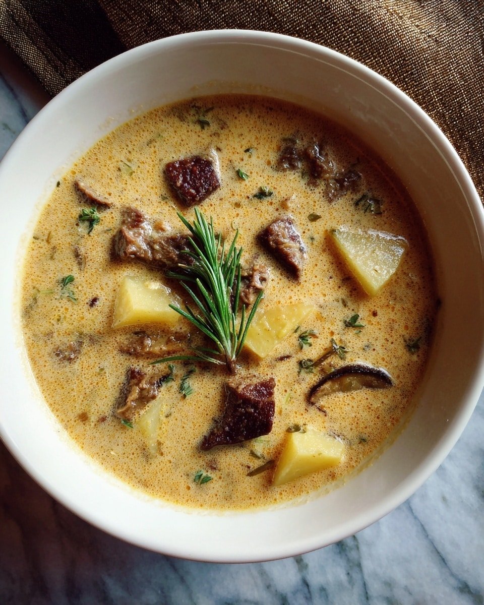 Creamy Steak & Potato Soup Recipe - Recipe Image — Creamy Steak & Potato Soup, hearty steak and potato soup, comforting creamy soup, easy steak and potato soup, cozy soup recipe