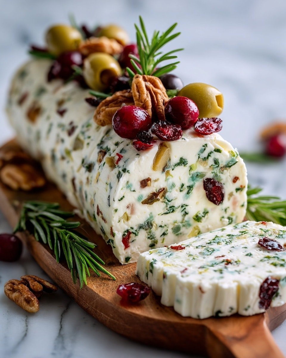 Festive Holiday Antipasto Cream Cheese Log Recipe - Recipe Image — Festive Holiday Antipasto Cream Cheese Log, holiday appetizer with cream cheese and olives, easy holiday party appetizers, festive cheese log recipe, Christmas antipasto platter