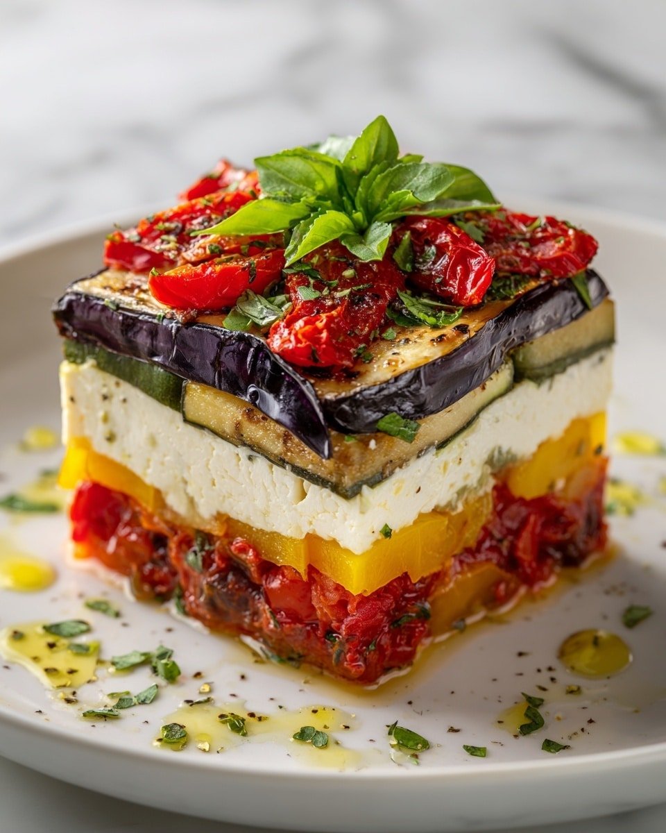 Layered Mediterranean Vegetable Lasagna with Creamy Ricotta Recipe - Recipe Image — Layered Mediterranean Vegetable Lasagna with Creamy Ricotta, Mediterranean vegetable lasagna, easy veggie lasagna recipe, healthy vegetable lasagna, cheesy vegetable lasagna