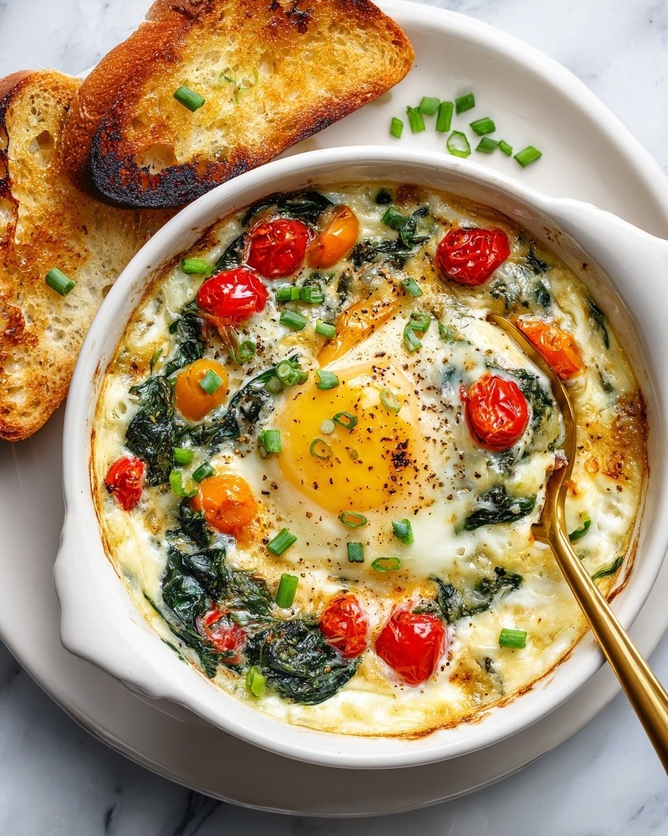 Baked Feta Eggs Recipe - Recipe Image — Baked Feta Eggs, baked eggs with feta and tomatoes, savory baked feta breakfast, easy baked eggs recipe, brunch recipes with feta and tomatoes