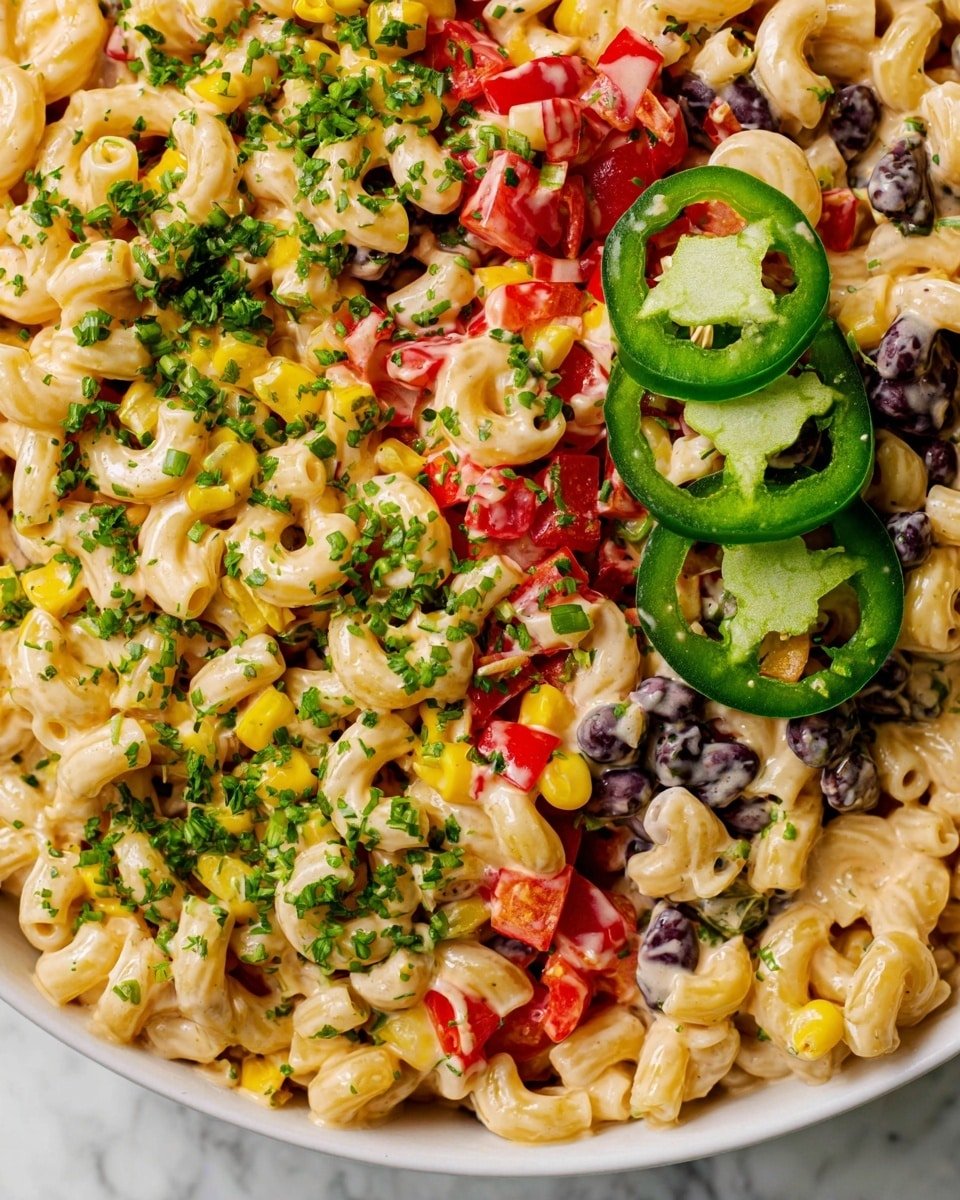 Mexican Macaroni Salad Recipe - Recipe Image — Mexican Macaroni Salad, Mexican Macaroni Salad recipe, easy Mexican pasta salad, creamy Mexican pasta salad, vibrant Mexican pasta dish