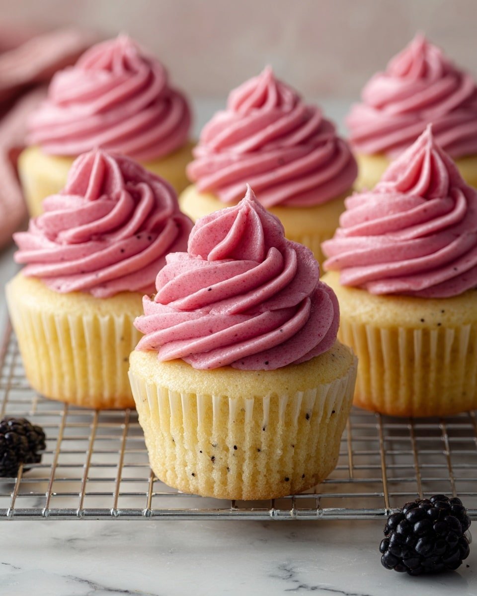 Lemon Poppy Seed Cupcakes with Blackberry Frosting Recipe - Recipe Image — Lemon Poppy Seed Cupcakes with Blackberry Frosting, Lemon Poppy Seed Cupcakes, Blackberry Frosted Cupcakes, Citrus Poppy Seed Cupcakes, Fruit-topped Cupcake Recipes