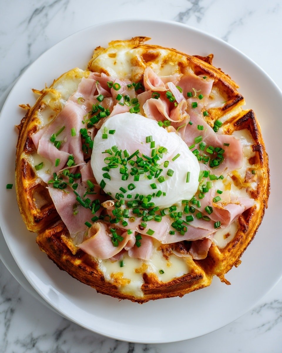 Croque Madame Waffles Recipe - Recipe Image — Croque Madame Waffles, savory waffle recipes, brunch waffles with ham and cheese, easy croque madame twist, homemade savory waffles