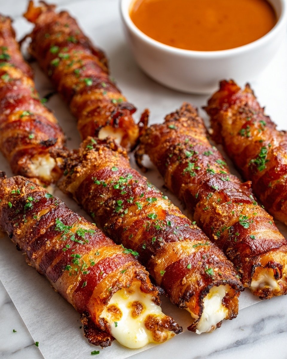 Nashville Hot Bacon Wrapped Mozzarella Sticks Recipe - Recipe Image — Nashville Hot Bacon Wrapped Mozzarella Sticks, spicy bacon cheese bites, Southern-inspired appetizer, crispy bacon mozzarella snacks, easy hot bacon appetizer