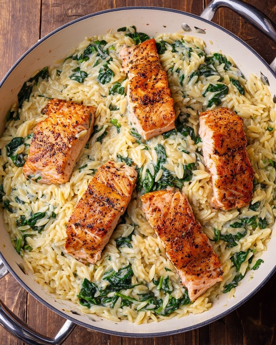 One Skillet Salmon with Lemon Orzo Recipe - Recipe Image — One Skillet Salmon with Lemon Orzo, easy salmon with lemon orzo, one-pan salmon dinner, healthy salmon skillet recipe, flavorful lemon orzo seafood dish