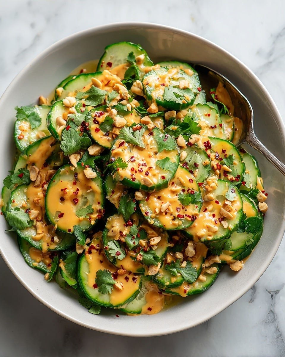Cucumbers in Spicy Peanut Sauce Recipe - Recipe Image — Cucumbers in Spicy Peanut Sauce, refreshing cucumber side dish, easy peanut sauce recipe, healthy summer salad, crunchy cucumber appetizer
