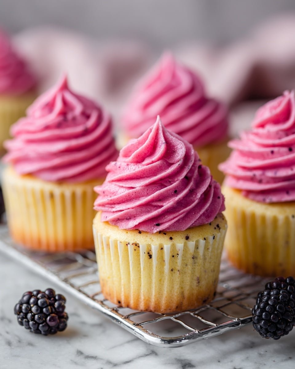 Lemon Poppy Seed Cupcakes with Blackberry Frosting Recipe - Recipe Image — Lemon Poppy Seed Cupcakes with Blackberry Frosting, Lemon Poppy Seed Cupcakes, Blackberry Frosted Cupcakes, Citrus Poppy Seed Cupcakes, Fruit-topped Cupcake Recipes