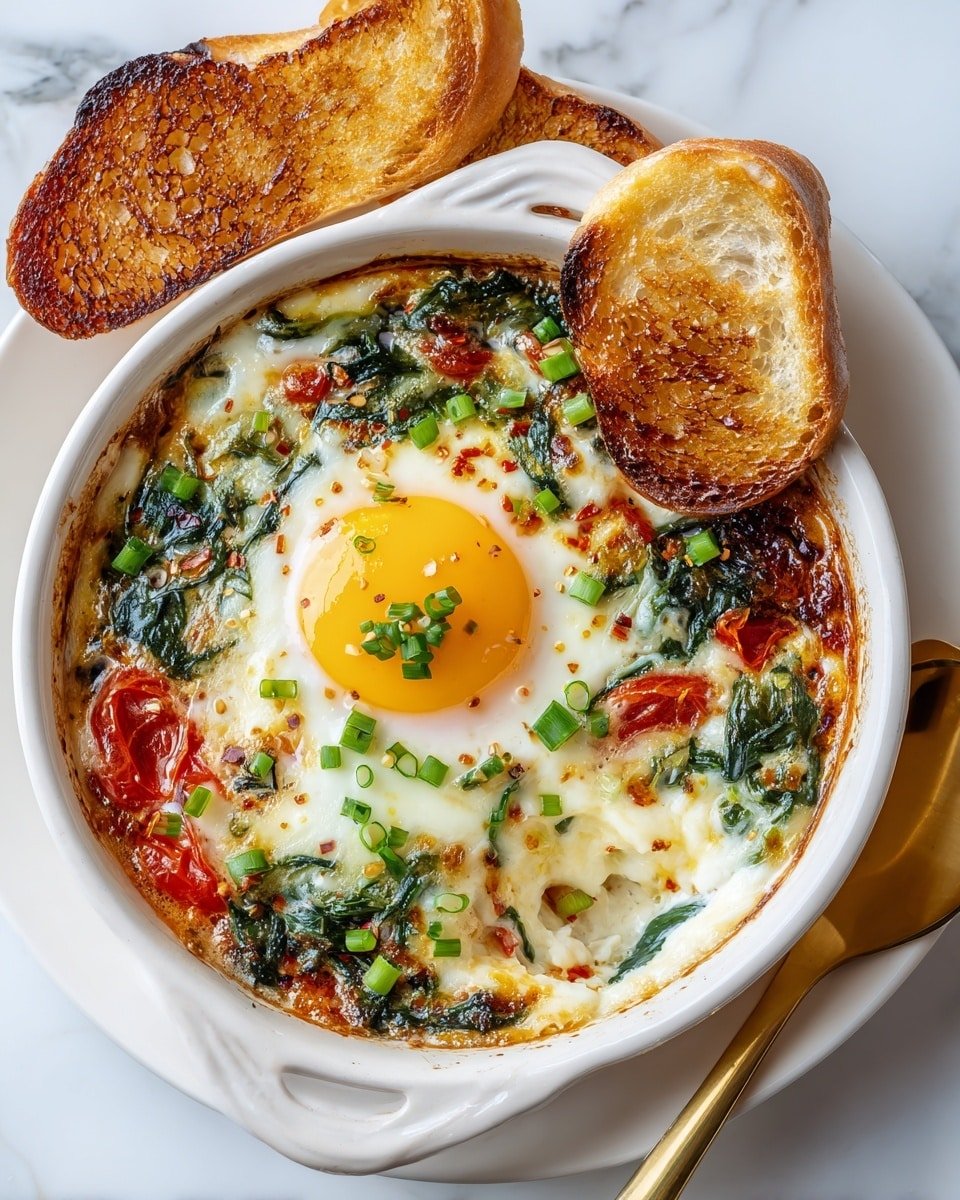 Baked Feta Eggs with Cherry Tomatoes and Spinach Recipe - Recipe Image — Baked Feta Eggs with Cherry Tomatoes and Spinach, baked feta eggs, sunny side baked eggs, Mediterranean baked breakfast, easy egg bake with feta and tomatoes