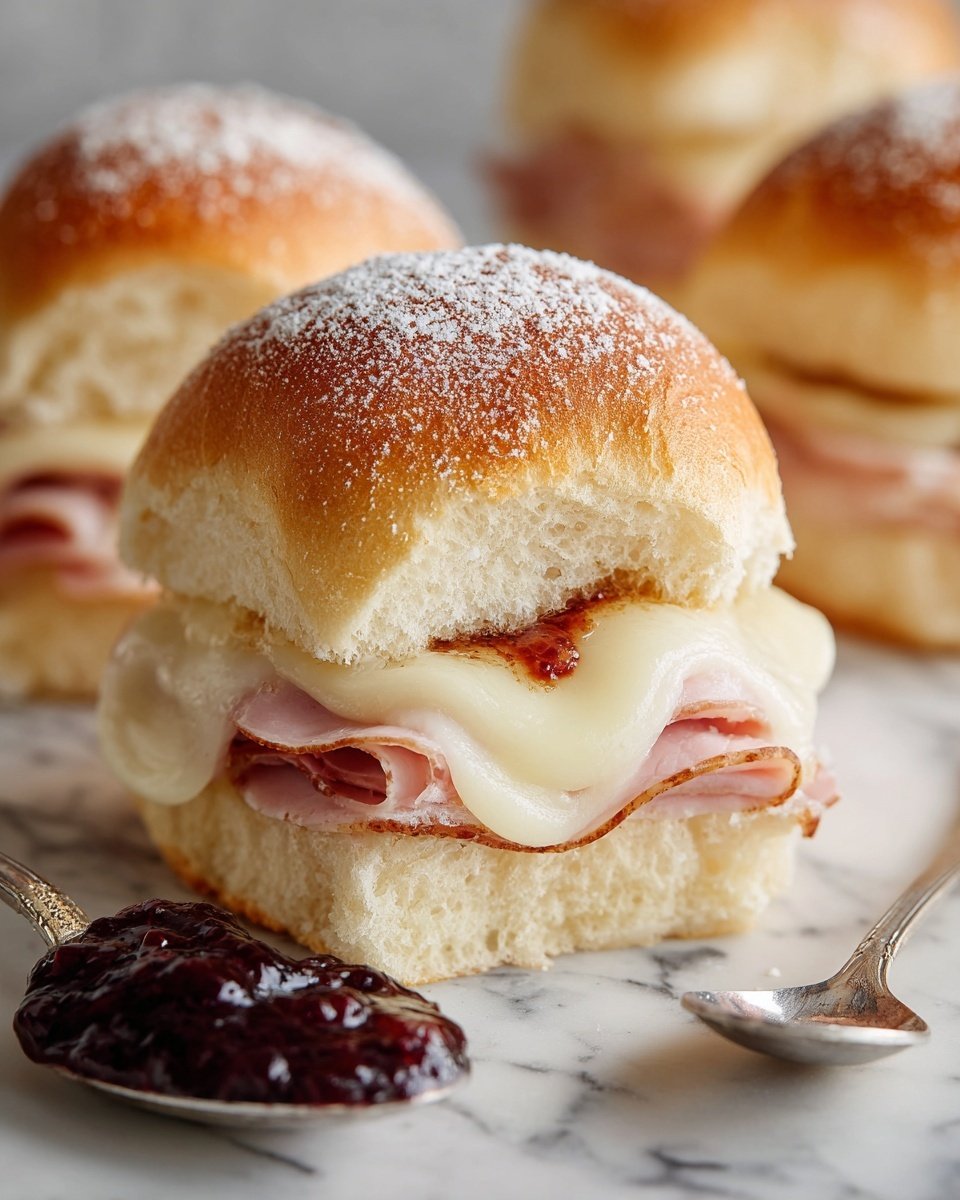 Monte Cristo Sliders with Raspberry Preserves Recipe - Recipe Image — Monte Cristo Sliders with Raspberry Preserves, easy Monte Cristo sliders, Hawaiian roll sandwich recipes, savory sweet breakfast sliders, quick holiday appetizer ideas