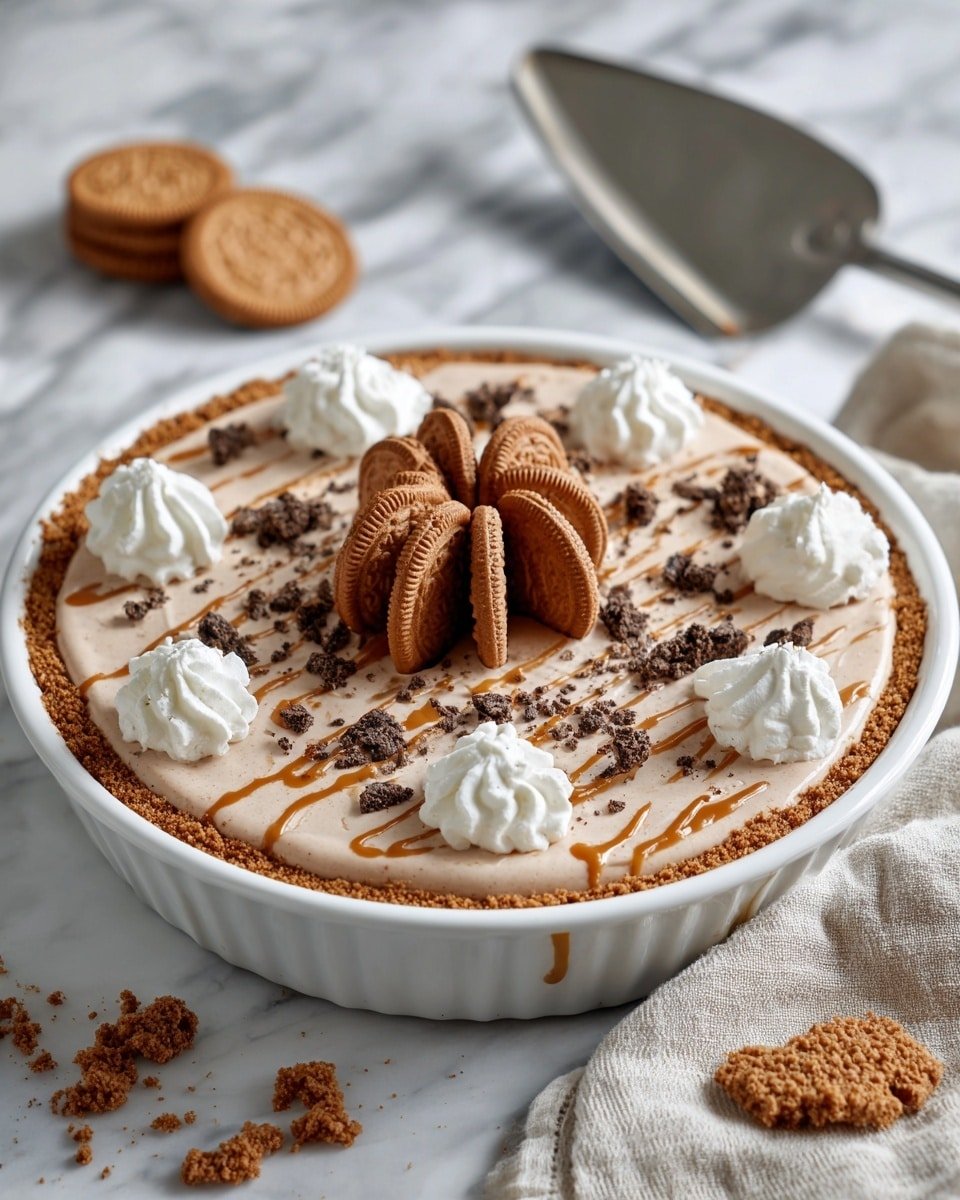 Creamy No-Bake Cookie Butter Pie Recipe - Recipe Image — Creamy No-Bake Cookie Butter Pie, no-bake dessert with cookie butter, easy cookie butter pie recipe, quick cookie butter pie, no-bake pie with speculoos crust