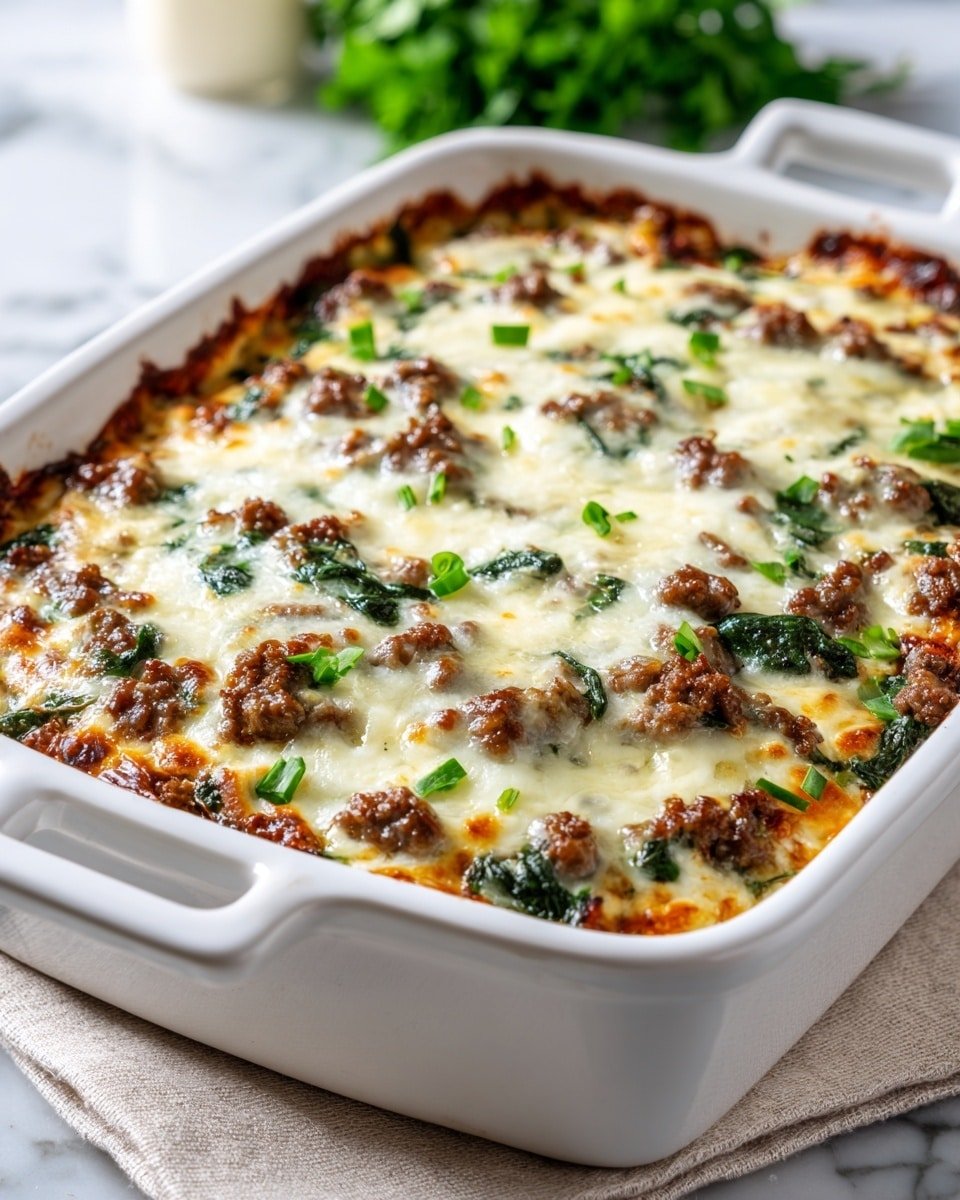 Keto Sausage and Spinach Casserole Recipe - Recipe Image — Keto Sausage and Spinach Casserole, low-carb sausage and spinach bake, keto-friendly breakfast casserole, easy keto spinach casserole, healthy sausage spinach dish