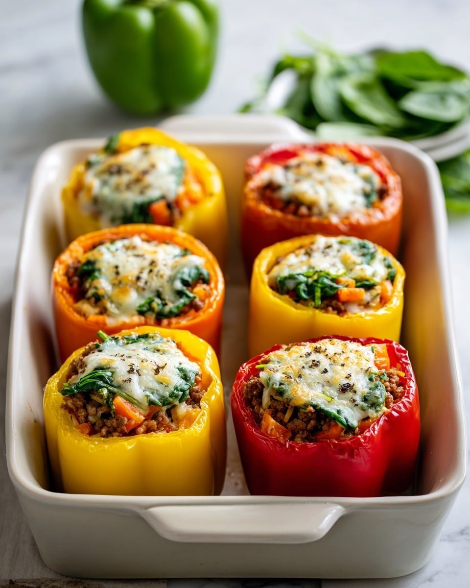 Keto Beef and Spinach Stuffed Peppers Recipe - Recipe Image — Keto Beef and Spinach Stuffed Peppers, Keto Stuffed Peppers, Low-Carb Stuffed Peppers, Healthy Stuffed Pepper Recipes, Easy Keto Dinner