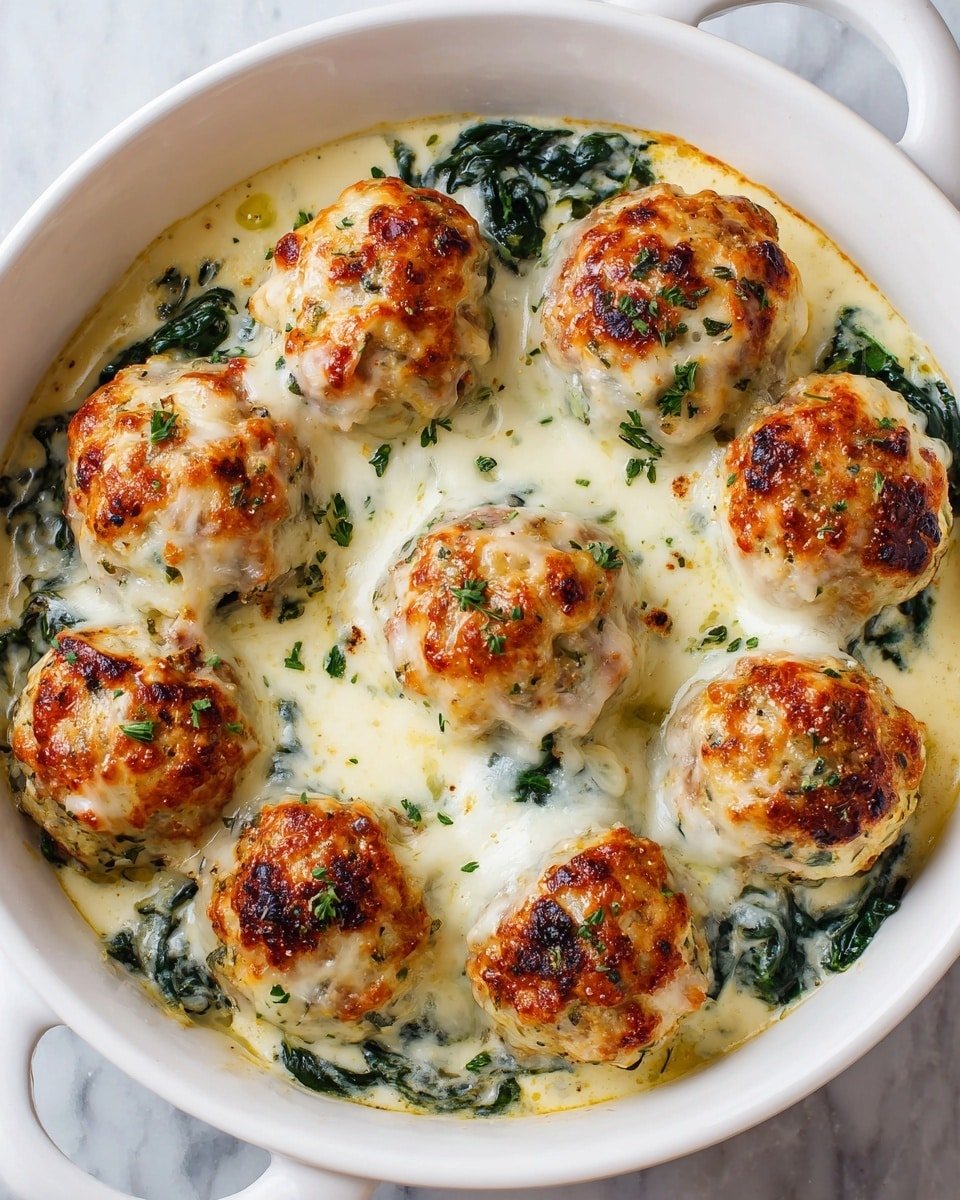Baked Chicken Ricotta Meatballs with Spinach Alfredo Sauce Recipe - Recipe Image — Baked Chicken Ricotta Meatballs with Spinach Alfredo, Chicken Ricotta Meatballs, Spinach Alfredo Sauce, Easy Baked Chicken Meatballs, Comfort Food Recipes