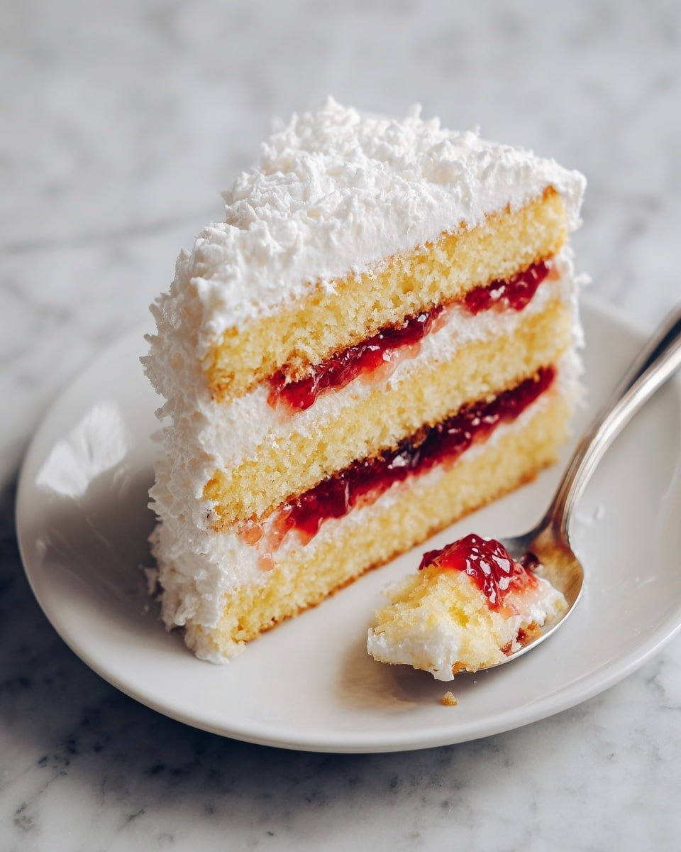 Homemade Raspberry and Cream Angel Food Cake Recipe - Recipe Image — Homemade Raspberry and Cream Angel Food Cake, angel food cake with raspberry and cream, easiest angel food cake recipe, fluffy raspberry cake dessert, homemade berry layered cake