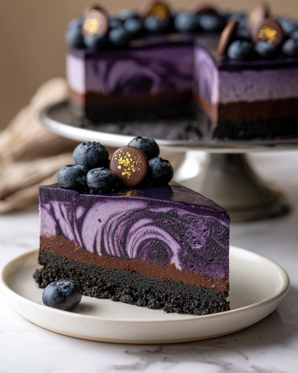 Midnight Blueberry Lavender Swirl Cheesecake Recipe - Recipe Image — Midnight Blueberry Lavender Swirl Cheesecake, blueberry lavender cheesecake, no-bake floral fruit dessert, easy blueberry cheesecake recipe, elegant springtime cheesecake