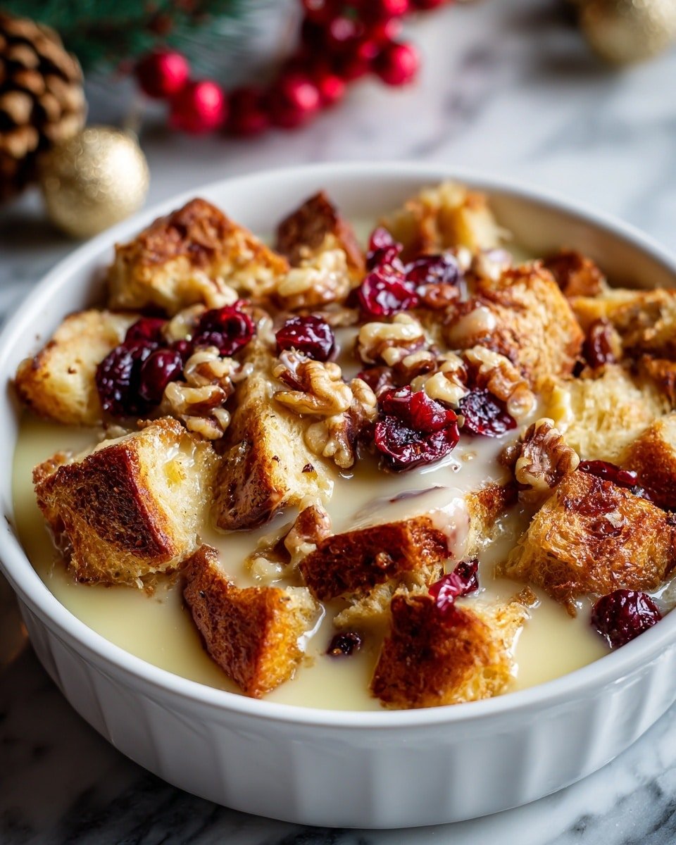 Christmas Cranberry Bread Pudding with Vanilla Sauce Recipe - Recipe Image — Christmas Cranberry Bread Pudding with Vanilla Sauce, Christmas dessert recipes, holiday bread pudding, easy Christmas desserts, festive bread pudding with berries