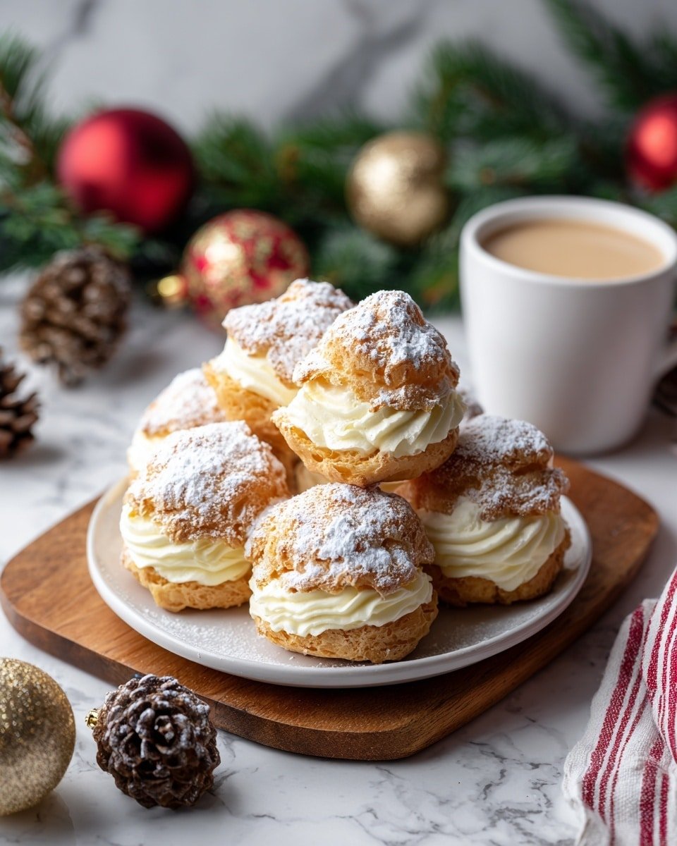 Irresistible Eggnog Cream Puffs for Your Holiday Celebration Recipe - Recipe Image — Eggnog Cream Puffs, Holiday Dessert Recipes, Festive Cream Puff Recipes, Easy Christmas Treats, Holiday Baking Ideas