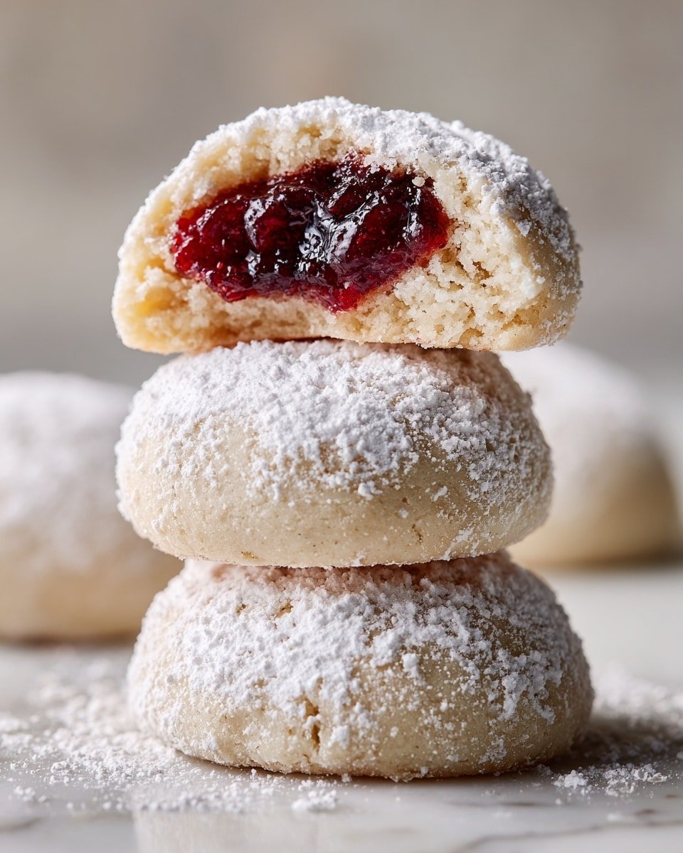 Raspberry Filled Almond Snowball Cookies Recipe - Recipe Image — Raspberry Filled Almond Snowball Cookies, Almond Snowball Cookies with Raspberry Jam, Easy Raspberry Almond Cookies, No-Bake Raspberry Snowballs, Holiday Almond Cookies with Raspberry