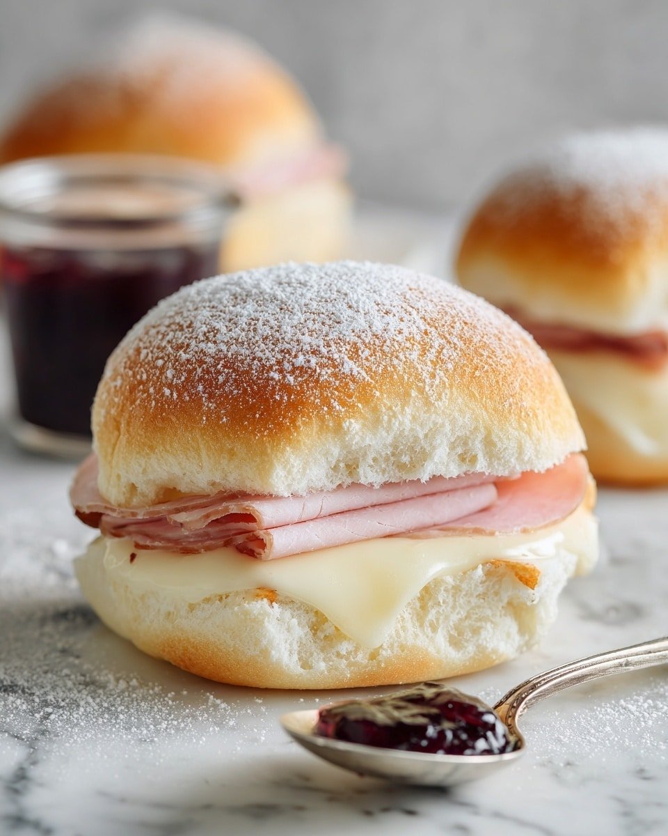 Monte Cristo Sliders with Raspberry Preserves Recipe - Recipe Image — Monte Cristo Sliders with Raspberry Preserves, easy Monte Cristo sliders, Hawaiian roll sandwich recipes, savory sweet breakfast sliders, quick holiday appetizer ideas