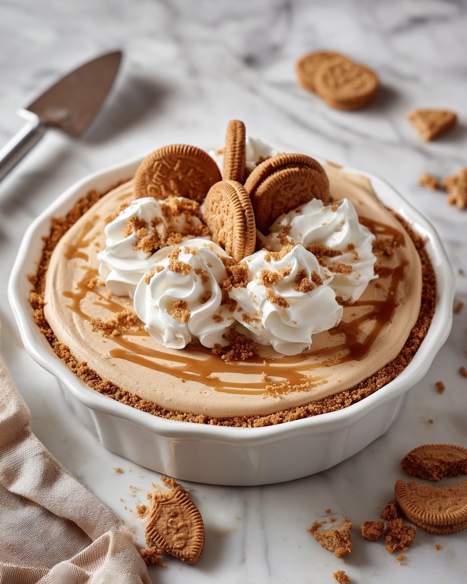 Creamy No-Bake Cookie Butter Pie Recipe - Recipe Image — Creamy No-Bake Cookie Butter Pie, no-bake dessert with cookie butter, easy cookie butter pie recipe, quick cookie butter pie, no-bake pie with speculoos crust