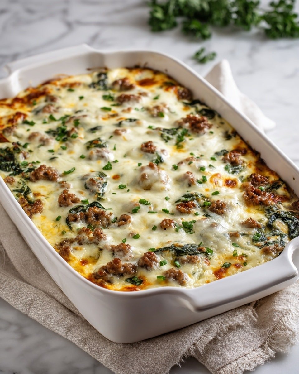 Keto Sausage and Spinach Casserole Recipe - Recipe Image — Keto Sausage and Spinach Casserole, low-carb sausage and spinach bake, keto-friendly breakfast casserole, easy keto spinach casserole, healthy sausage spinach dish