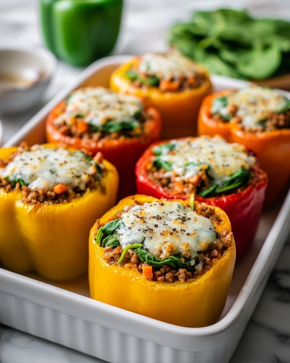 Keto Beef and Spinach Stuffed Peppers Recipe - Recipe Image — Keto Beef and Spinach Stuffed Peppers, Keto Stuffed Peppers, Low-Carb Stuffed Peppers, Healthy Stuffed Pepper Recipes, Easy Keto Dinner
