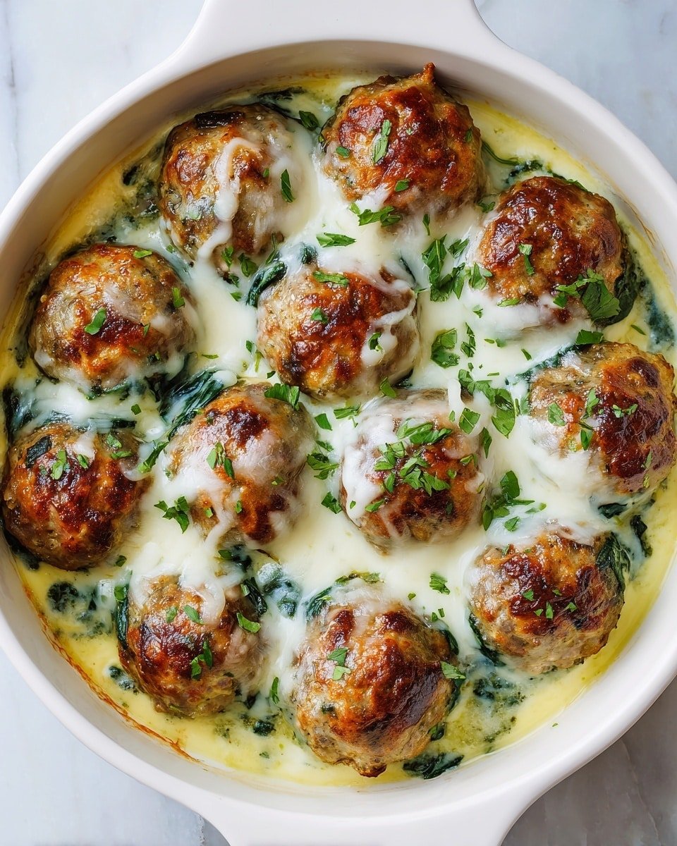 Baked Chicken Ricotta Meatballs with Spinach Alfredo Sauce Recipe - Recipe Image — Baked Chicken Ricotta Meatballs with Spinach Alfredo, Chicken Ricotta Meatballs, Spinach Alfredo Sauce, Easy Baked Chicken Meatballs, Comfort Food Recipes