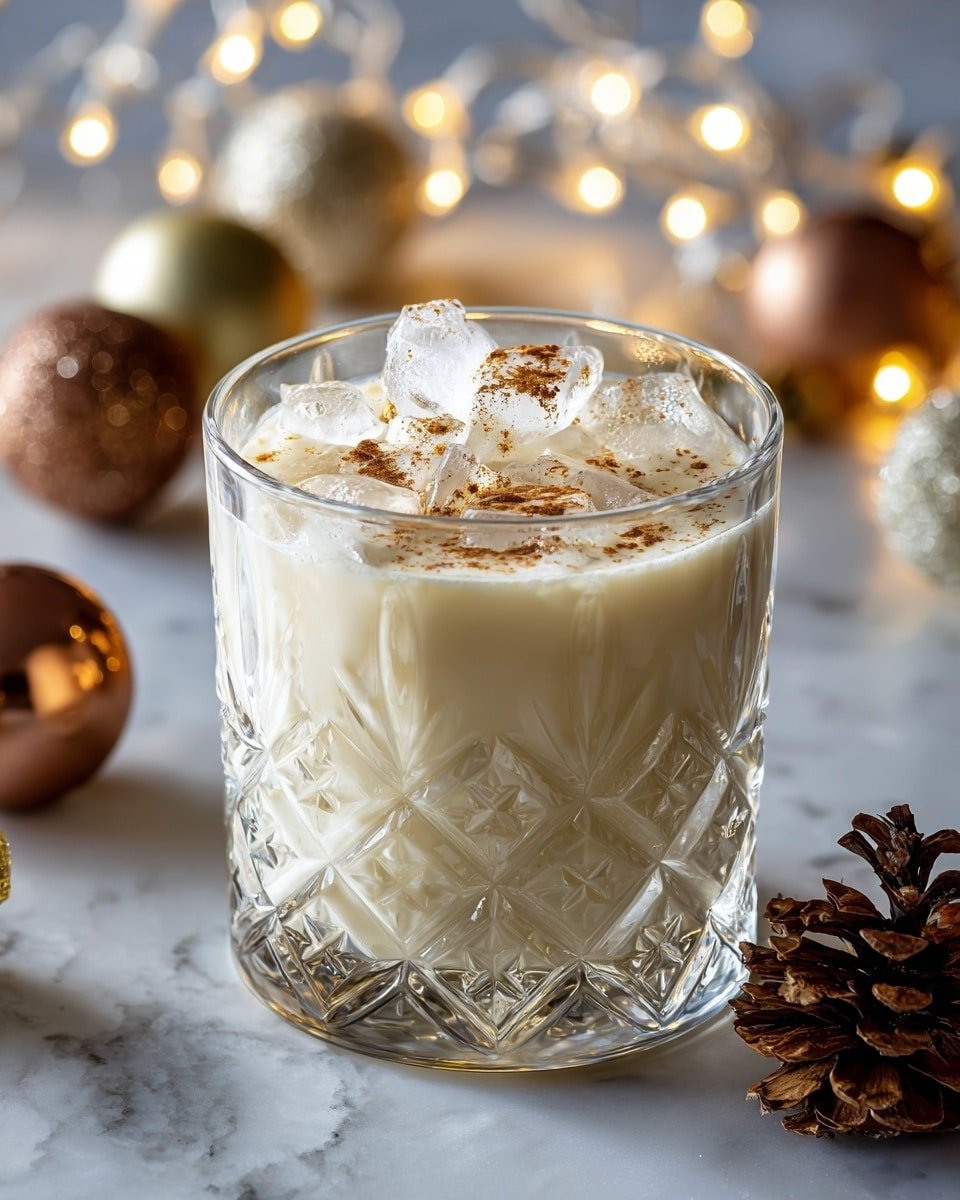 Eggnog White Russian Recipe - Recipe Image — Eggnog White Russian, festive eggnog cocktail, easy holiday cocktails, creamy coffee liqueur drinks, cozy winter drinks