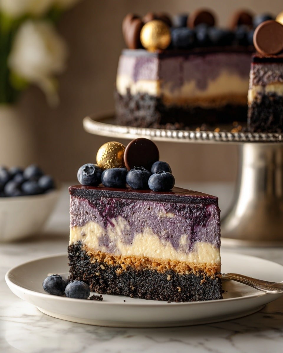 Midnight Blueberry Lavender Swirl Cheesecake Recipe - Recipe Image — Midnight Blueberry Lavender Swirl Cheesecake, blueberry lavender cheesecake, no-bake floral fruit dessert, easy blueberry cheesecake recipe, elegant springtime cheesecake