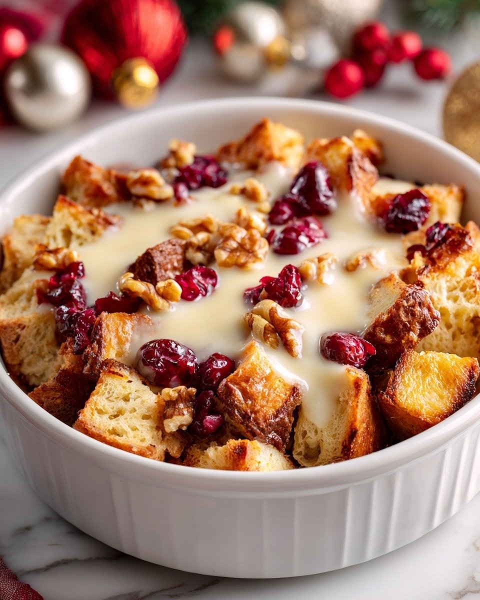 Christmas Cranberry Bread Pudding with Vanilla Sauce Recipe - Recipe Image — Christmas Cranberry Bread Pudding with Vanilla Sauce, Christmas dessert recipes, holiday bread pudding, easy Christmas desserts, festive bread pudding with berries