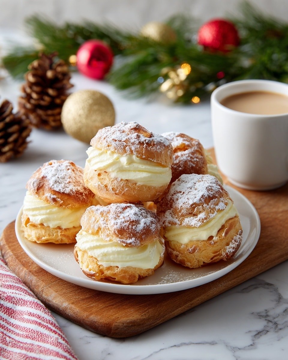 Irresistible Eggnog Cream Puffs for Your Holiday Celebration Recipe - Recipe Image — Eggnog Cream Puffs, Holiday Dessert Recipes, Festive Cream Puff Recipes, Easy Christmas Treats, Holiday Baking Ideas