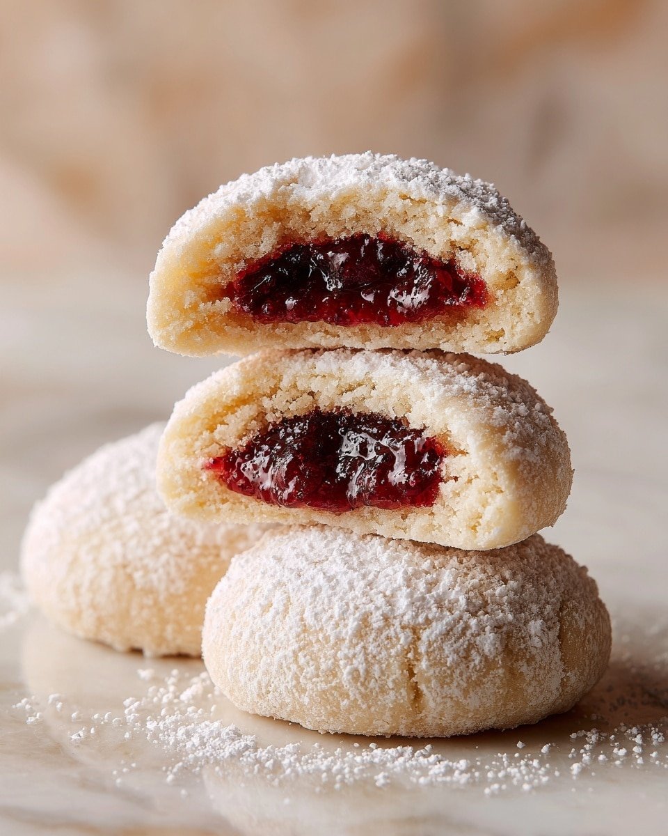 Raspberry Filled Almond Snowball Cookies Recipe - Recipe Image — Raspberry Filled Almond Snowball Cookies, Almond Snowball Cookies with Raspberry Jam, Easy Raspberry Almond Cookies, No-Bake Raspberry Snowballs, Holiday Almond Cookies with Raspberry