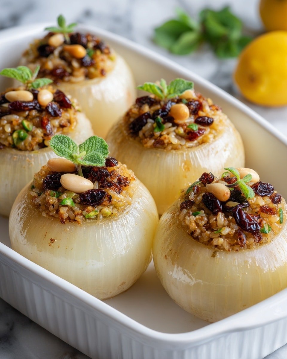 Greek Stuffed Onions Recipe - Recipe Image — Greek Stuffed Onions, Mediterranean stuffed onion recipe, savory Greek onion dish, easy Greek stuffed onions, flavorful stuffed onion recipes