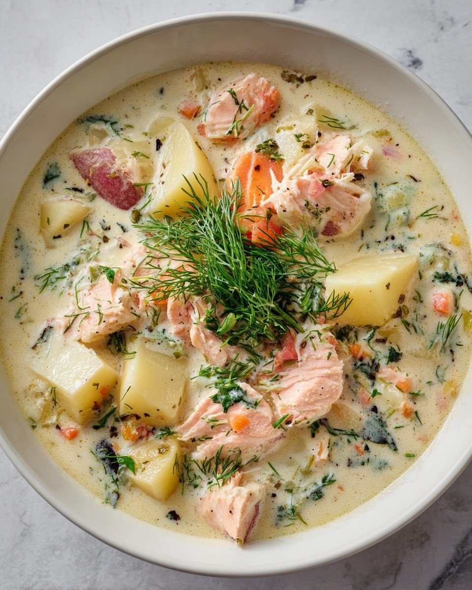 Creamy Dill Salmon Soup with Potatoes and Leeks Recipe - Recipe Image — Creamy Dill Salmon Soup French-inspired Salmon Soup Comforting Salmon Soup with Potatoes and Leeks Nourishing Salmon and Leek Soup