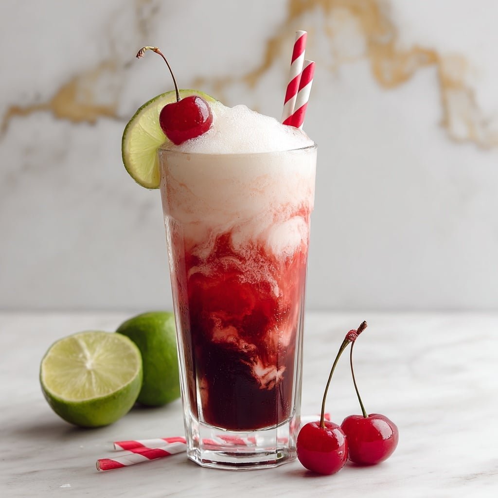 Cherry Lime Frost Dirty Soda Recipe - Recipe Image — Cherry Lime Frost Dirty Soda, Cherry Lime Frost drink, Easy dirty soda recipe, Refreshing cherry lime soda, Creamy fizzy cherry beverage