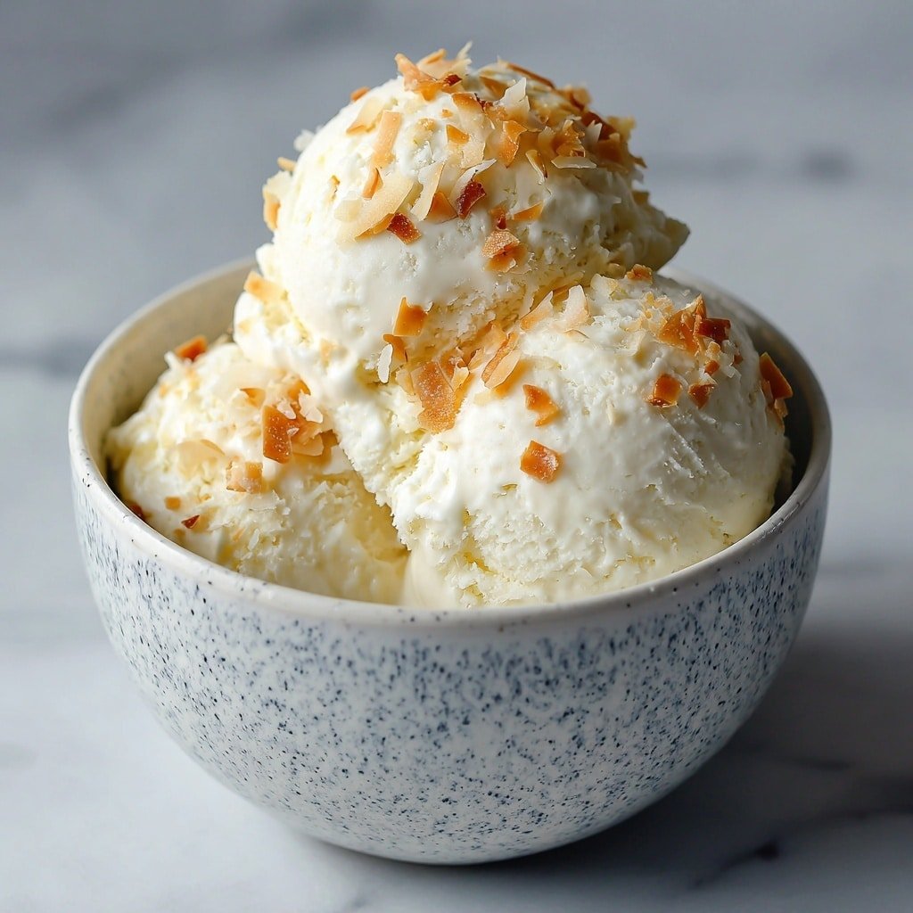 Creamy Coconut Ice Cream with Shredded Coconut Recipe - Recipe Image — Creamy Coconut Ice Cream with Shredded Coconut, coconut ice cream recipe, homemade coconut ice cream, tropical coconut dessert, easy coconut ice cream