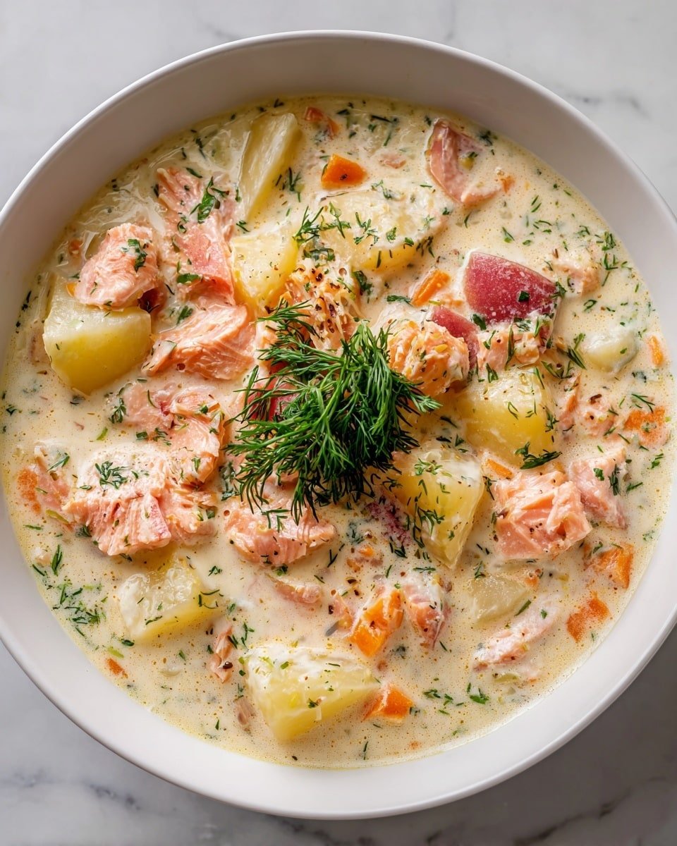 Creamy Dill Salmon Soup with Potatoes and Leeks Recipe - Recipe Image — Creamy Dill Salmon Soup French-inspired Salmon Soup Comforting Salmon Soup with Potatoes and Leeks Nourishing Salmon and Leek Soup