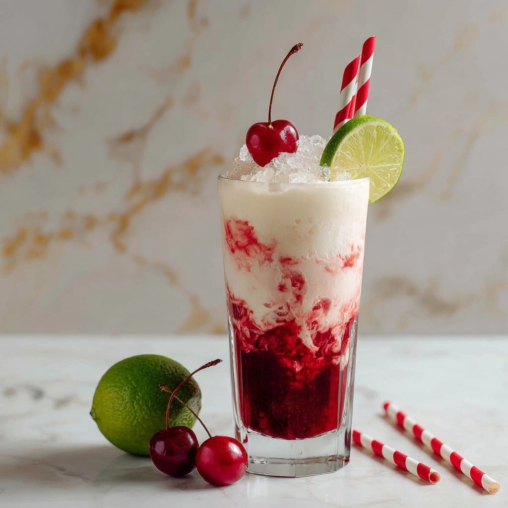 Cherry Lime Frost Dirty Soda Recipe - Recipe Image — Cherry Lime Frost Dirty Soda, Cherry Lime Frost drink, Easy dirty soda recipe, Refreshing cherry lime soda, Creamy fizzy cherry beverage
